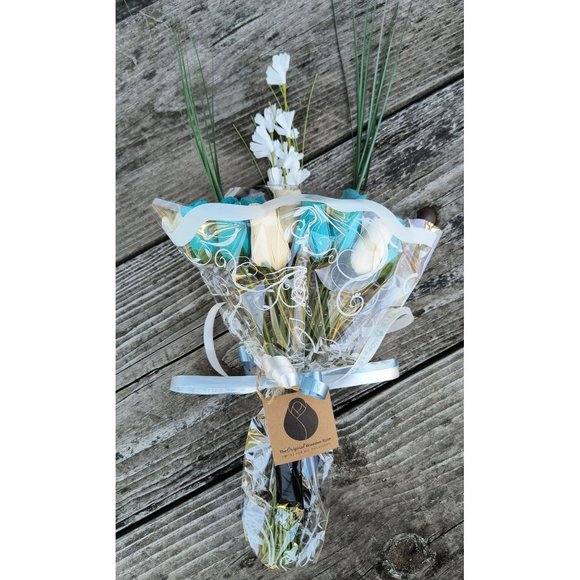 2 Dozen It's A Boy Light Blue and White The Original Wooden Rose Flower Bouquet - Picture 7 of 9
